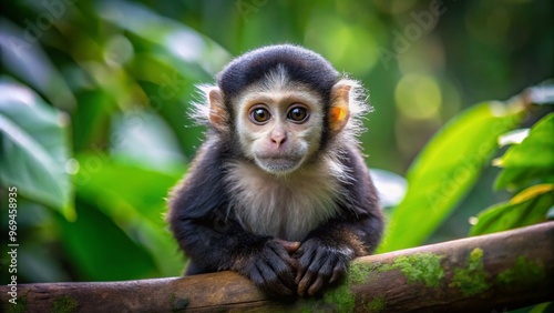 Adorable small monkey with black fur and white face, sitting on a tree branch, looking curious, surrounded by