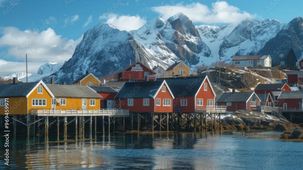Fototapeta premium Colorful fishing houses by the calm sea with snow-capped mountains in the background on a clear day