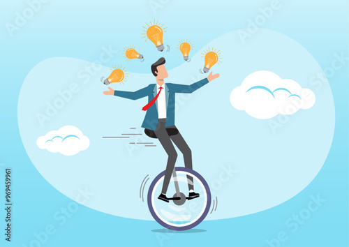 businessman riding unicycle juggling lightbulb lamp metaphor