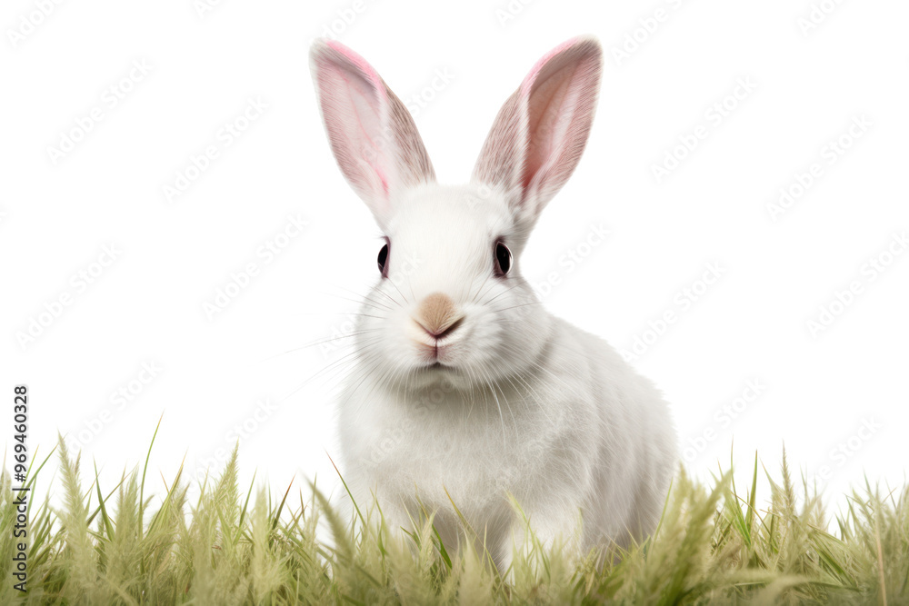 Fototapeta premium A white rabbit with bright pink eyes hopping isolated on white background