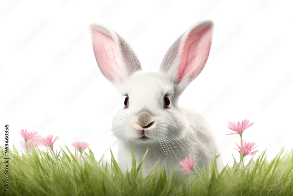 Obraz premium A white rabbit with bright pink eyes hopping isolated on white background