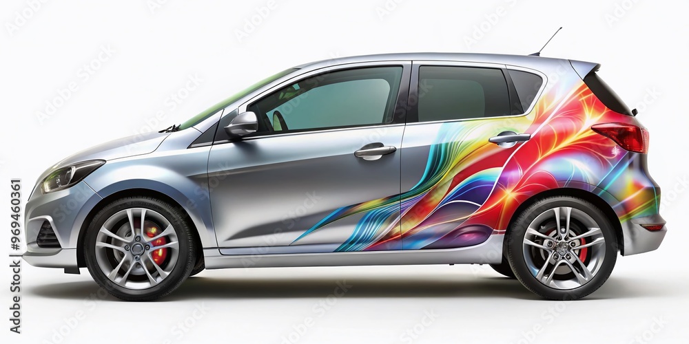 Naklejka premium A sleek silver vehicle showcases a vibrant, custom vinyl decal design on its side panel, set against a