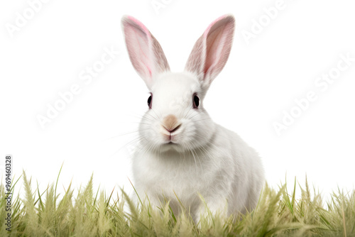 A white rabbit with bright pink eyes hopping isolated on white background