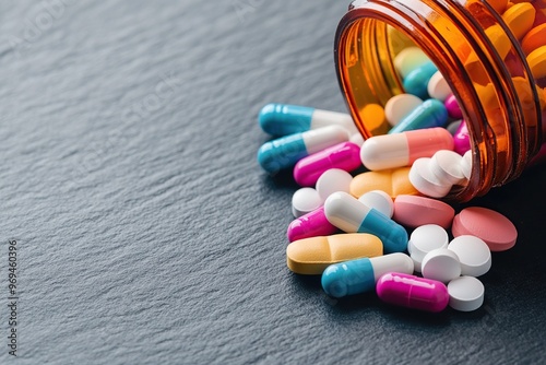 A close-up of colorful pills spilling from a prescription bottle on a textured surface, symbolizing health and medication.