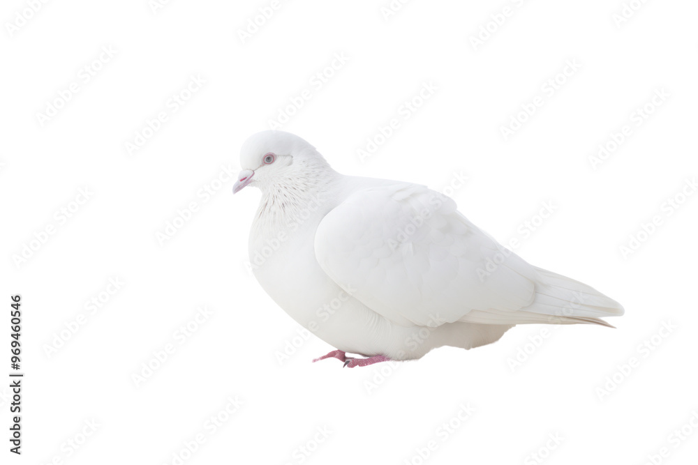 A white dove gently resting on a soft, white surface with a subtle shadow beneath it, isolated on white background A white dove gently resting on a soft, white surface with a subtle shadow beneath it, isolated on white background