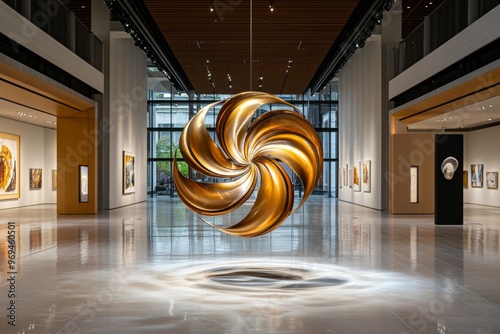 A kinetic sculpture suspended from the ceiling, moving gently with the air currents in a spacious art museum's atrium photo