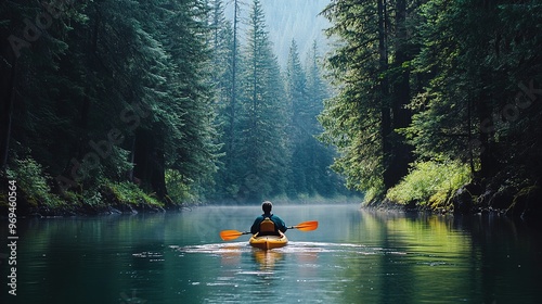 A kayaker paddling through a serene river surrounded by towering pine trees