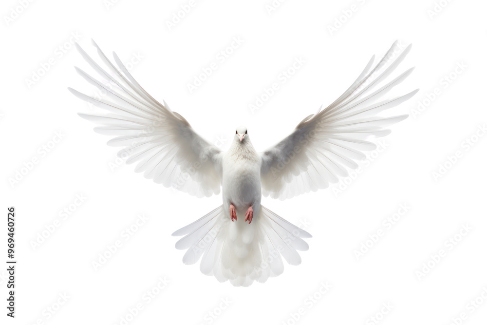A white dove flying upwards with its wings fully extended against a clean white backdrop, isolated on white background A white dove flying upwards with its wings fully extended against a clean white backdrop, isolated on white background