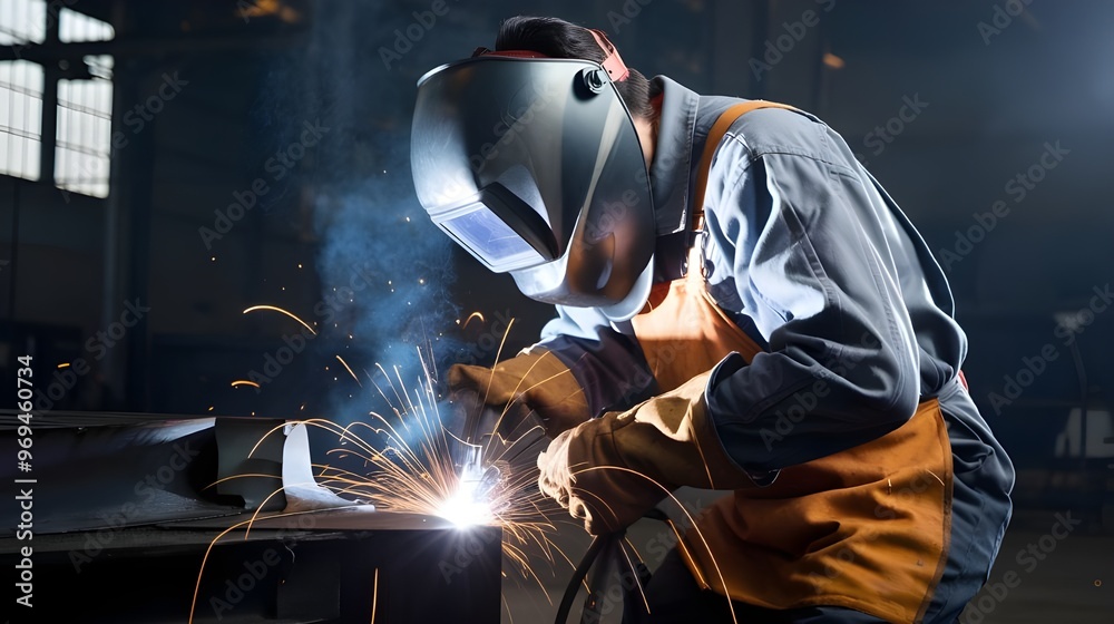 Welder Working in a Factory with Sparks Flying Welder Working in a Factory with Sparks Flying