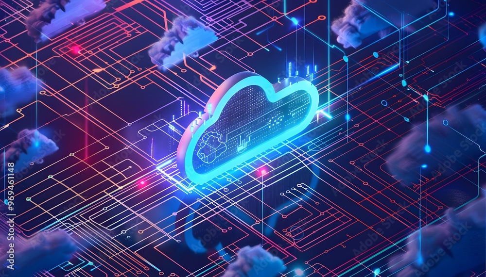 Futuristic cloud computing concept with neon lights and digital ...
