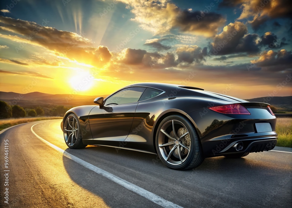 A stunning rear view of a sleek, shiny, high-definition, black sports car parked on a sun-kissed asphalt road, A stunning rear view of a sleek, shiny, high-definition, black sports car parked on a sun-kissed asphalt road,