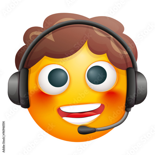 Customer servise emoji on white background. Emoticon with headset. Cute emoticon.