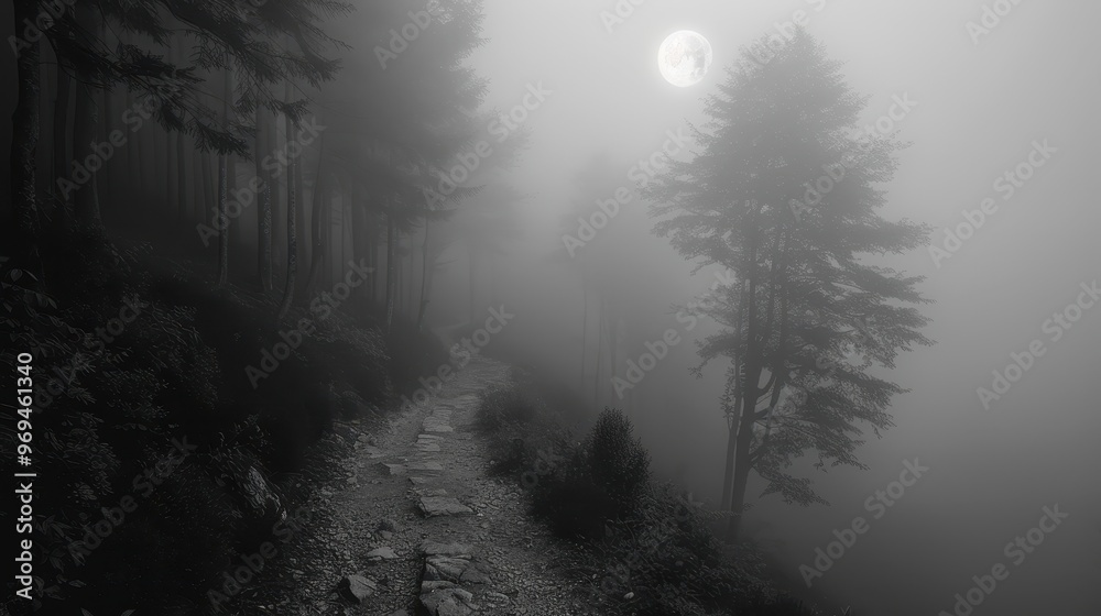 Fototapeta premium A dark forest with a moon in the sky