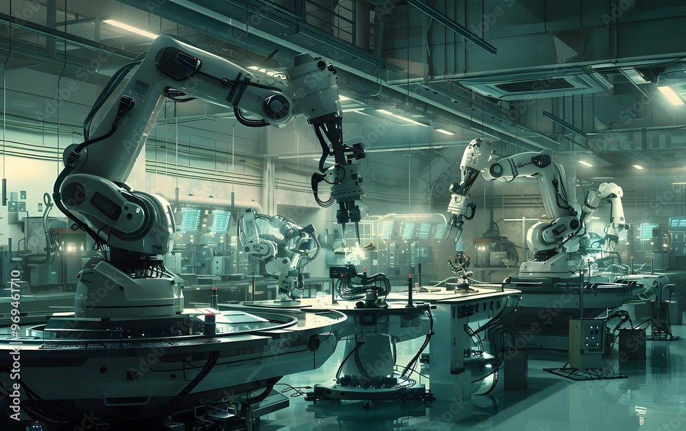 Futuristic factory scene with robotic arms working in a high-tech environment, showcasing automation and innovation in manufacturing.