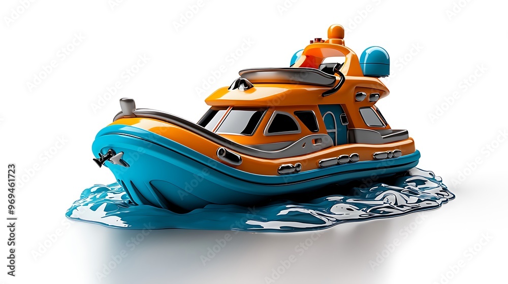 A playful orange and blue cartoon boat floating on water. A playful orange and blue cartoon boat floating on water.