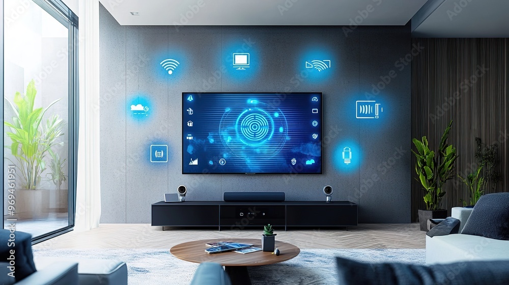 A living room setup featuring a smart TV integrated with IoT devices A living room setup featuring a smart TV integrated with IoT devices