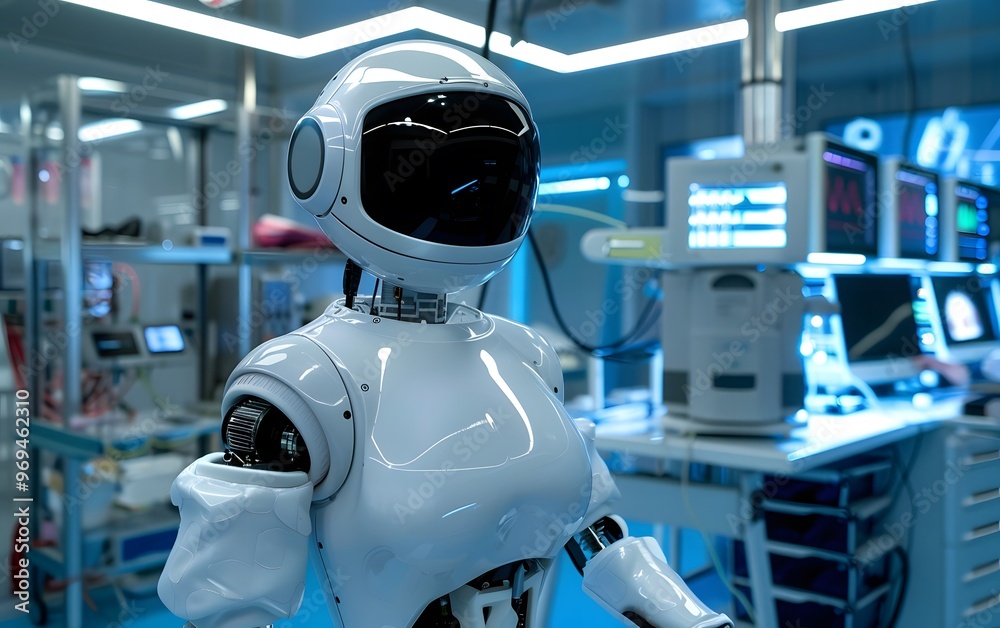 Futuristic robot in a modern lab environment showcasing advanced technology and artificial intelligence capabilities.