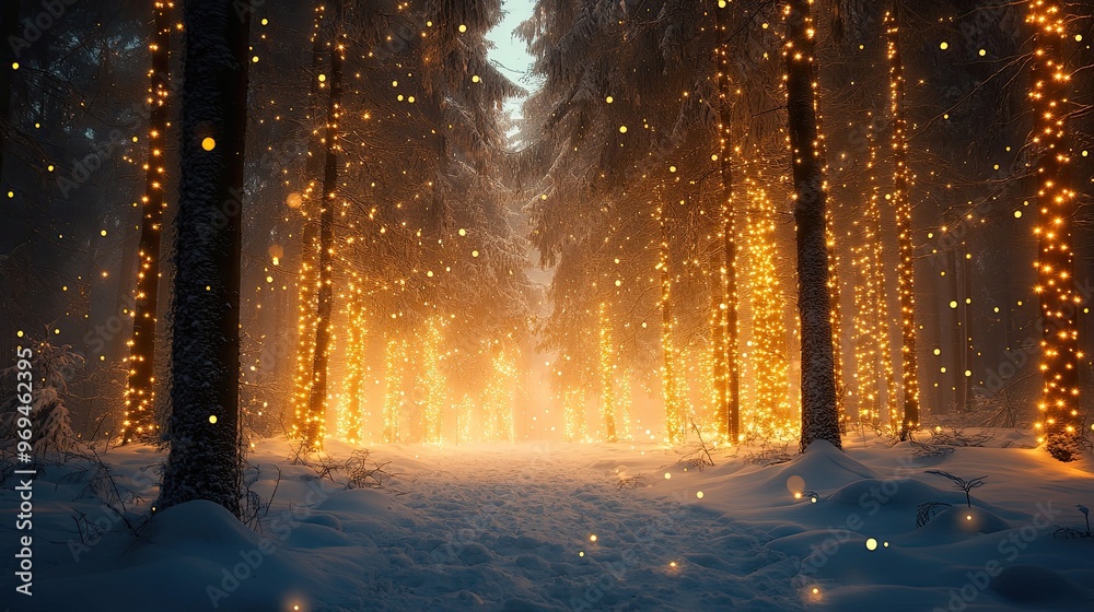 Snowy forest with twinkling fairy lights wrapped around the trees Snowy forest with twinkling fairy lights wrapped around the trees