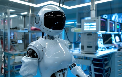 Futuristic robot in a modern lab environment showcasing advanced technology and artificial intelligence capabilities.