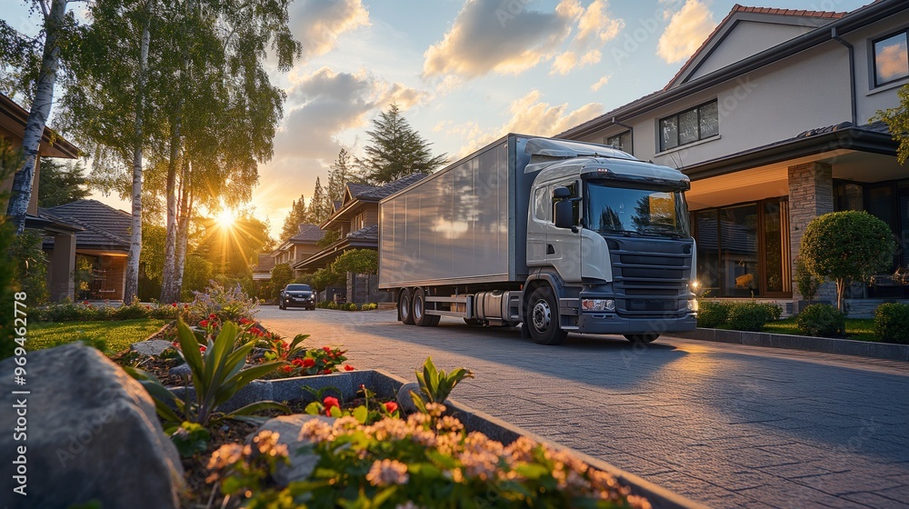 White truck parked in a suburban neighborhood against a backdrop of beautiful gardens and a setting sun. White truck parked in a suburban neighborhood against a backdrop of beautiful gardens and a setting sun.