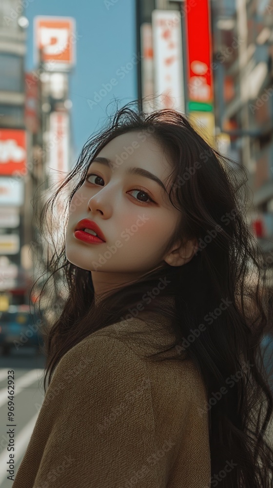 A stylish woman poses confidently in a vibrant urban setting, surrounded by colorful advertisements and city life. A stylish woman poses confidently in a vibrant urban setting, surrounded by colorful advertisements and city life.