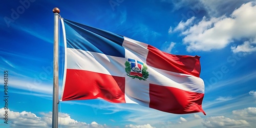 A vibrant Dominican Republic flag waving in the wind, its blue, white, and red colors shining brightly against photo