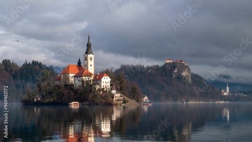 Scenic view of Lake Bled with the Church of the Assumption on Bled Island