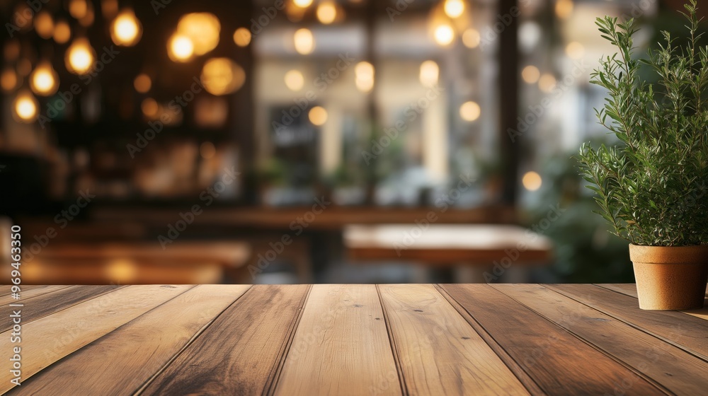 Wooden table with blurred cafe background, warm bokeh lights, and cozy atmosphere.