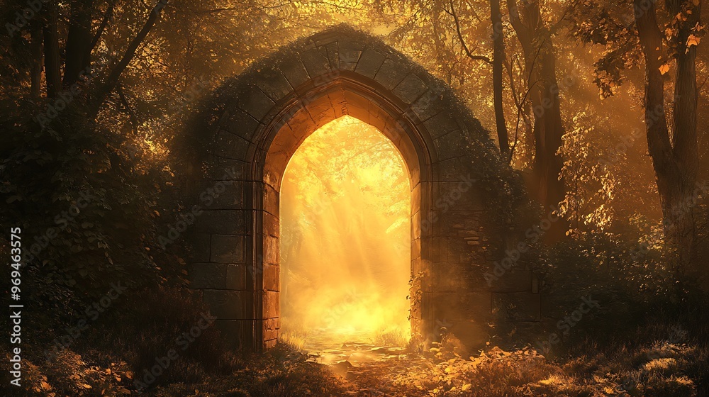 Obraz premium Enchanting Entrance to Ancient Forest: Stone Doorway Revealing Sunlit Golden Woods with Mist in Background