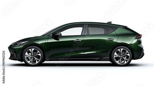 A green electric car in side view, fresh and eco-friendly.