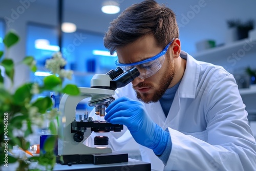 A researcher in a lab working on a cure for prostate cancer, carefully studying cells under a microscope in hopes of finding a breakthrough