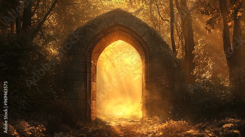 Enchanting Entrance to Ancient Forest: Stone Doorway Revealing Sunlit Golden Woods with Mist in Background