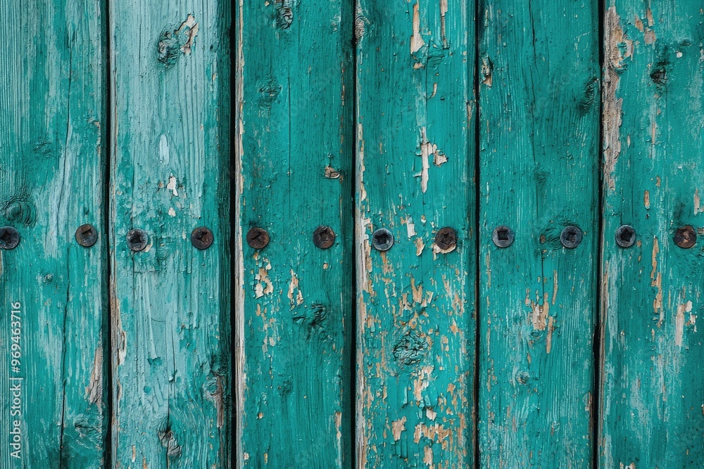 An aged wooden wall with a vibrant turquoise finish, showcasing unique textures and rustic details for artistic designs. An aged wooden wall with a vibrant turquoise finish, showcasing unique textures and rustic details for artistic designs.