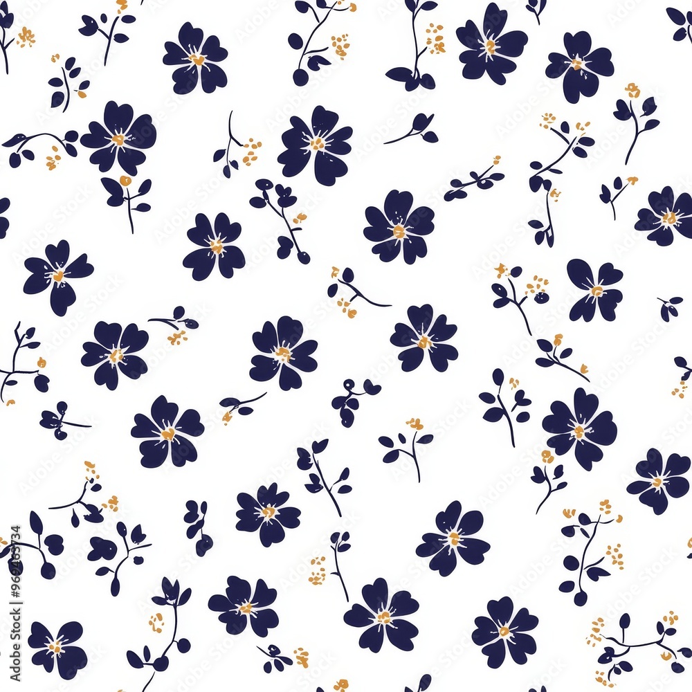 Elegant floral pattern featuring navy blue flowers on a white background, perfect for textiles and graphic design projects. Elegant floral pattern featuring navy blue flowers on a white background, perfect for textiles and graphic design projects.