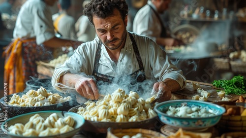 A chef preparing Khinkali in a traditional Georgian kitchen.