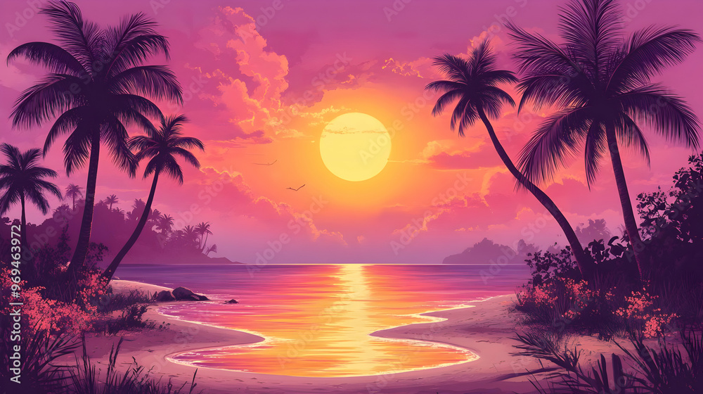 A vibrant sunset over a tropical beach with palm trees and calm waters. A vibrant sunset over a tropical beach with palm trees and calm waters.