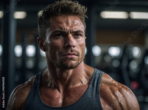 A muscular man with an intense expression, captured in a gym setting, showcasing determination and strength during a workout.