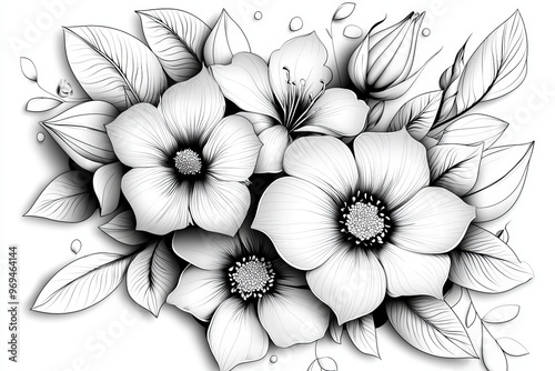 Detailed black and white floral bouquet with intricate petals, line art, empty coloring book page, elegant, high-quality, nature, beauty::1 roses, lilies, daisies, ornate arrangement, timeless