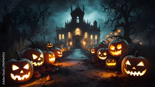 Spooky Halloween Jack O Lanterns In Front of Haunted House