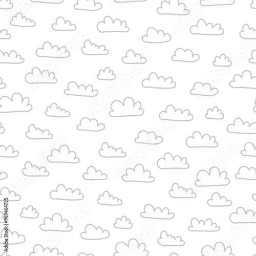 A seamless pattern featuring various cartoon-style clouds on a white background.