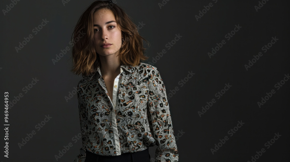 Elegant woman wearing patterned shirt, showcasing confident expression against dark background. intricate design of shirt adds touch of sophistication to her look Elegant woman wearing patterned shirt, showcasing confident expression against dark background. intricate design of shirt adds touch of sophistication to her look