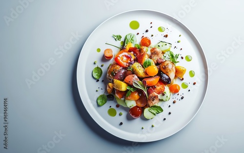 Vibrant salad showcasing a mix of fresh vegetables, drizzled with a flavorful dressing, perfect for healthy dining.