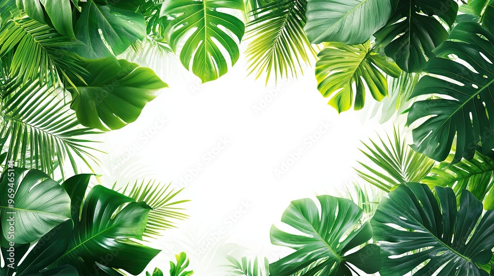 Tropical leaf pattern with lush green leaves on a white background Tropical leaf pattern with lush green leaves on a white background