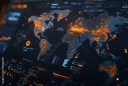 A digital world map with glowing orange dots, representing data points.