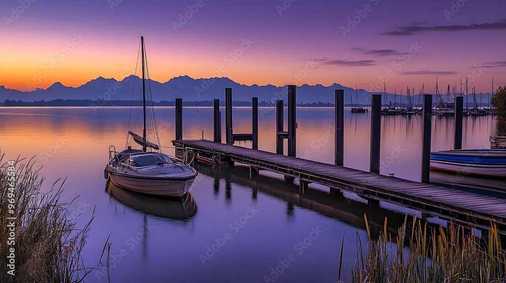 Peaceful Sunset at the Pier with a Sailboat Peaceful Sunset at the Pier with a Sailboat