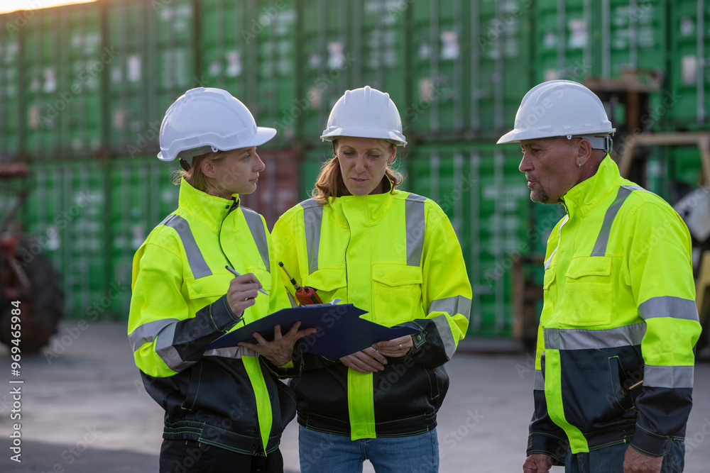 Engineer or worker standing forklift or truck vehicle are holding detail and appear to be discussing or reviewing documents, likely related to inspect about factory and industry worksite. Engineer or worker standing forklift or truck vehicle are holding detail and appear to be discussing or reviewing documents, likely related to inspect about factory and industry worksite.
