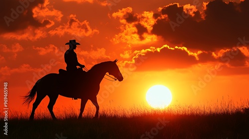 Silhouette of a cowboy riding a horse at sunset.