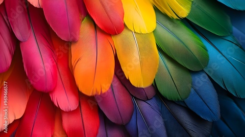 A close-up of colorful bird feathers, arranged in the shape of an LGBTQ+ flag photo