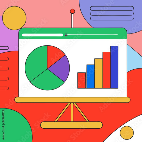 Colorful pie and bar charts on presentation board illustration