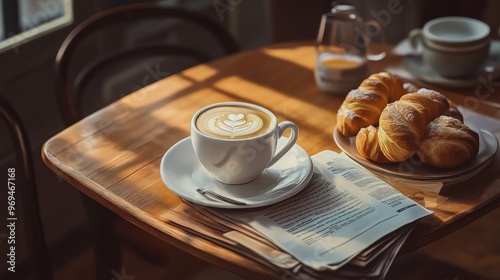 cozy cafa scene with a focus on a cup of hot coffee on a wooden table, surrounded by pastries and a newspaper, with warm morning light streaming in. photo